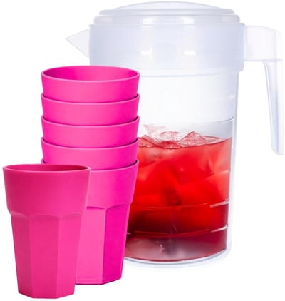 Plasticforte Waterkan van 2 Liter - transparant - kunststof - met 6x stuks onbreekbare drinkglazen - roze - 520 ml
