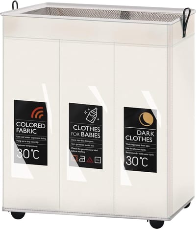 Wasmand 3 Vakken - Wassorteerder - 95L - Opvouwvare Wasmand - Wit - Inklapbare - Op Wielen - Met Hengsel - Voor Badkamer, Babykamer, Slaapkamer - Opbergmand - Speelgoedmand