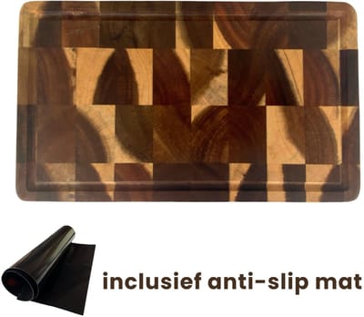AXIMO Professionele Snijplank Acaciahout – 24.5 x 14.5 x 2 cm - Kopshout - Medium - Compact Hakblok met Sapgeul en Anti-slip Mat