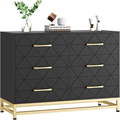Moderne Commode met 6 Laden - Zwarte Ladekast met Gouden Handgrepen - TV-Meubel & Opbergkast - Voor Slaapkamer, Woonkamer en Hal - Zwart
