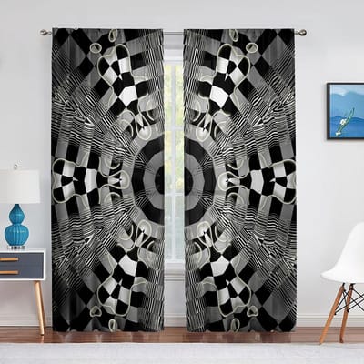 Zwart-wit geruit voile gordijn voor woonkamer, slaapkamer, keukendecoraties, raceautovlag, raam, tule gordijnen 1 PCS W100XH250cm&Grommet Top