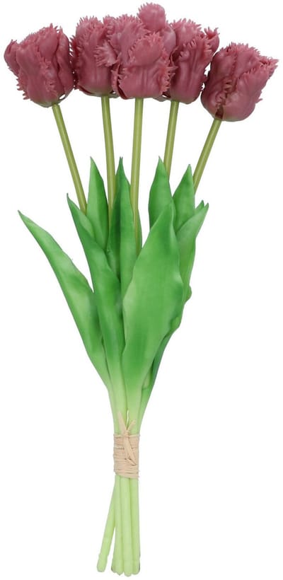 DK Design Kunst tulpen boeket - 5x stuks - aubergine paars - real touch - 39 cm - levensechte kunstbloemen