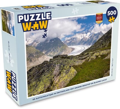 Puzzel De Aletschgletsjer in Zwitserland met groene bergtop en blauwe lucht - Legpuzzel - Puzzel 500 stukjes