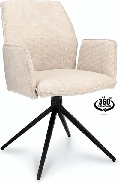 Icon Living - Armstoel David - Stof Mito Natural - Spinpoot Zwart 360° Draaibaar