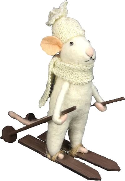 Muis met ski's en muts vilt 10x6,5x13cm