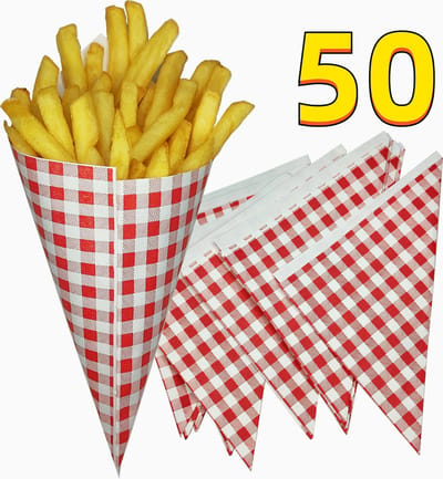 Rainbecom - 50 stuks - 14 x 14 x 20 cm - Frietszak - Patatzak - Puntzakken - Frietszakjes - Papieren Frietzak