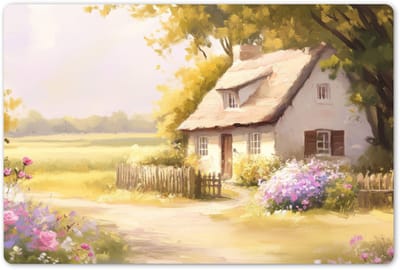 Placemats 45x30 cm - Placemat kunststof - 1 stuk - Huisje - Hout - Bloemen - Borden onderleggers - Decoratie voor op tafel - Keuken tafeldecoratie accessoires - Vinyl onderlegger - Tafelversiering