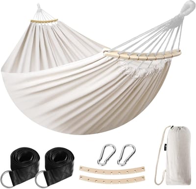 Comfortabele Katoenen Hangmat voor Buiten met Boomriemen, Ideaal voor Camping, Tuin en Balkon, Inclusief Reiszak en Spreiderstangen