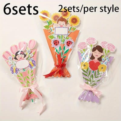 6 sets Moederdagcadeau handgemaakte doe-het-zelf papier hand-gehouden bloem wenskaart maakmateriaal kit, kleuterschoolkinderen handgemaakte wenskaart DOE-HET-ZELF 6pcs beige