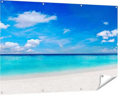Gards Tuinposter Tropisch Strand met een Palmboom - 150x100 cm - Tuindoek - Tuindecoratie - Wanddecoratie buiten - Tuinschilderij