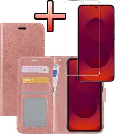 Hoesje - Met Screenprotector - Geschikt voor Samsung Galaxy S25 - Luxe Pasjeshouder - Bookcase Portemonee - Flip Case - Kunstleer Book Case - Flipcase - Book Cover - Walletcase - Portemonneehoes - Rosé goud