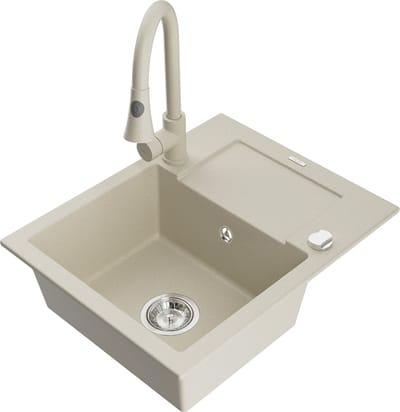 Mexen Enzo granieten spoelbak met 1 kom, afdruipblad en keukenmengkraan Elia, beige - 6506-69-670101-69
