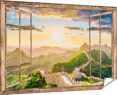 Gards Tuinposter Doorkijk De Chinese Muur door de Bergen met Zon - 180x120 cm - Tuindoek - Tuindecoratie - Wanddecoratie buiten - Tuinschilderij