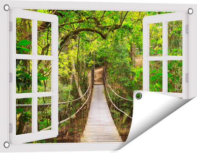 Gards Tuinposter Doorkijk Hangbrug - 60x40 cm - Tuindoek - Tuindecoratie - Wanddecoratie buiten - Tuinschilderij