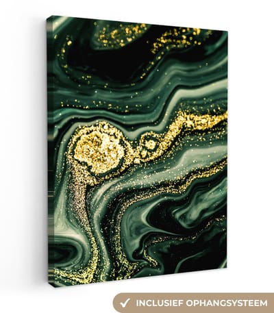 Canvas schilderij 60x80 cm - Wanddecoratie Marmer - Goud - Glitter - Groen - Marmerlook - Luxe - Muurdecoratie woonkamer - Slaapkamer decoratie - Kamer accessoires - Schilderijen op canvas