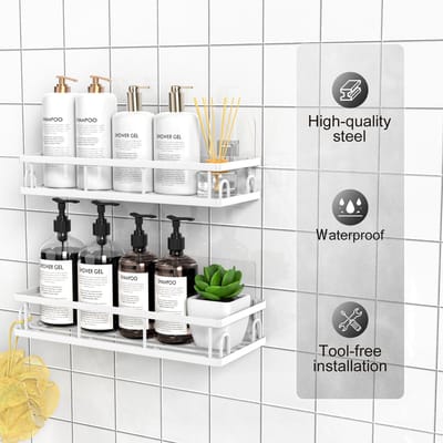 Doucheplank Zonder Boren - Wandmontage - Badkamer Organizer - Keuken en Badkamer Opbergrek - Wit - Set van 2