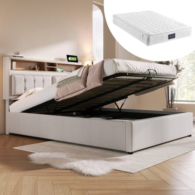 Polsterbed Dubbelbed - 140x200 - USB-C-oplaadfunktie Hoofdsteun - Opbergbedden Bedstel uit Leenmateriaal - Jongerenbed met Lattenbodem en Matras