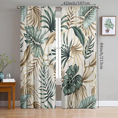 2 stuks - Frisse lichtgroene blad polyester gordijnen, decoratieve gordijnen voor badkamer, slaapkamer, woonkamer en familiekamer 14Wx47L(35x120CM)x2