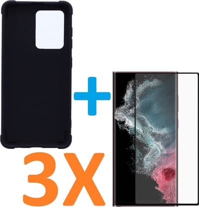 Anti-Shock silicone hoesje zwart met 3 Pack Tempered glas Screen Protector Geschikt voor: Samsung Galaxy S22 Ultra