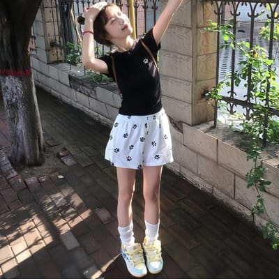 Shorts Mignons Imprimé Patte de Chien de Niche pour Femmes en Été Nouveau Taille Haute Coupe A-line Ample Jambes Larges Décontracté Sport Cinq Points XXL blanc