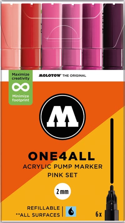 Molotow ONE4ALL Acrylstiften Set van 6 Roze tinten - Acryl markers - 2mm breed - hervulbaar - alle ondergronden
