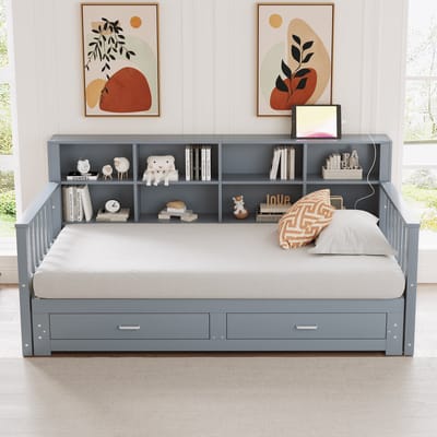 Uitschuifbare slaapbank 90/180x190 cm - zijarmleuning met opbergkast en stopcontact - met 2 lades - grijs - zonder matras