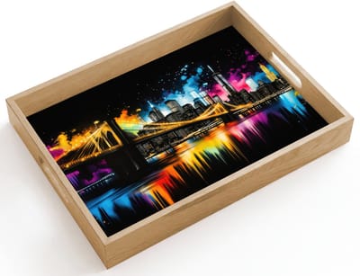 Dienblad hout 40x30 cm - Schootdienblad - Skyline - Brug - Verlichting - Kleuren - Borrelplank rechthoek - Plateau dienbladen