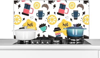 Spatscherm keuken 100x50 cm - Kookplaat achterwand Patronen - Koffie - Ontbijt - Croissant - Muurbeschermer - Spatwand fornuis - Hoogwaardig aluminium
