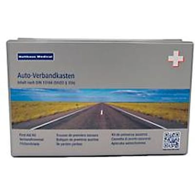 Verbanddoos klassiek, voor de auto, inhoud volgens DIN 13 164, B 260 x D 80 x H 170 mm, kunststof, grijs