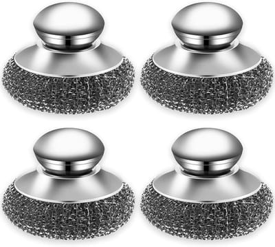 Set van 4 RVS afwasborstels, herbruikbare schuursponges met handvat voor het reinigen van servies en pannen