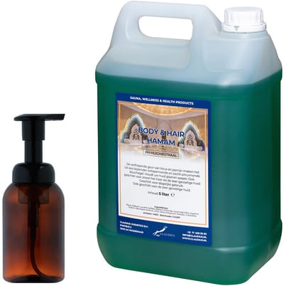 Body & Hair Hamam 300 ml - zeepdispenser amber bruin met pomp + 5 liter - 2 in 1 voor lichaam en haar