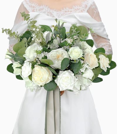 Bruiloft Boeket - Kunstbloemen Mix - Feestelijke Decoratie - Stof Roos Design - 35 cm - Wit Groen