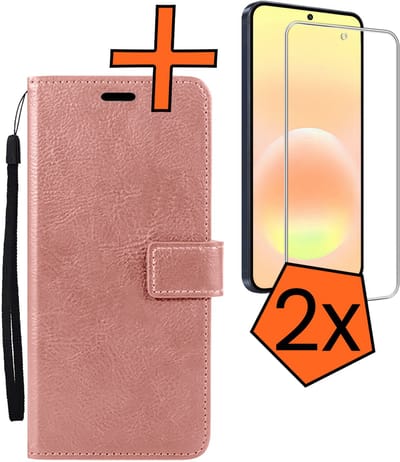 Hoes - Met 2x Screenprotector - Geschikt voor Samsung Galaxy A57 - Luxe Pasjeshouder - Bookcase Portemonee - Flip Case - Kunstleer Book Case - Flipcase Hoes - Book Cover - Walletcase - PortemonneeHoes - Rosé goud