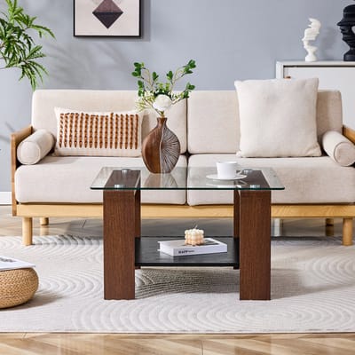 MODFU Salontafel - Met Opbergrek - Modern - Voor Woonkamer - MDF En Glas - Walnootkleur - 65 x 41 x 45,5 cm