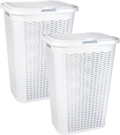 Plasticforte Wasmand Ventilation - 2x - met deksel - wit - kunststof - 51 liter - 43 x 35 x 61 cm - Badkamer - Wasgoed - Nieuw design - Zeer stevig