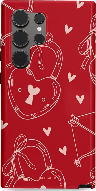 Casetastic Hoesje Geschikt voor Samsung S24 Ultra - Stijlvolle Beschermende Duo-layer Case - Hartendief - Liefdes Slotjes - Valentijn - Valentine - Love - Rood Wit
