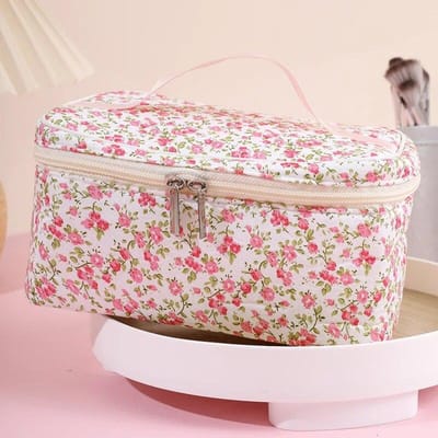 Trousse de maquillage en coton à motif floral, grande capacité, double fermeture éclair, organiseur de maquillage, trousse de toilette de voyage portable rouge rose
