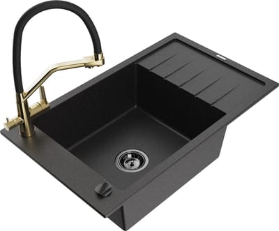 Mexen Elias granitische gootsteen met 1 kom, afdruiprek en Duo keukenkraan, zwart/zilver metallic - 6511-73-671701-57-B