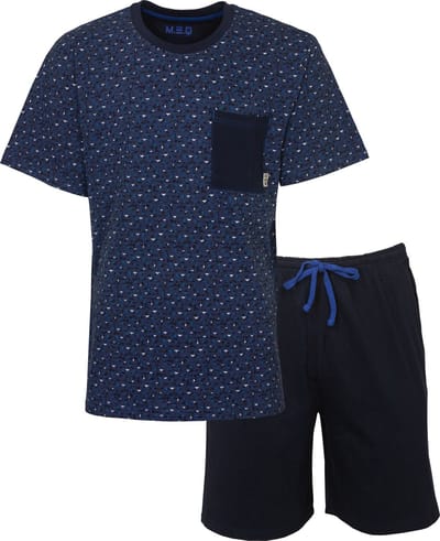 MEQ Heren Shortama - Pyjama Set - Ronde Hals - Katoen - Blauw - Maat S