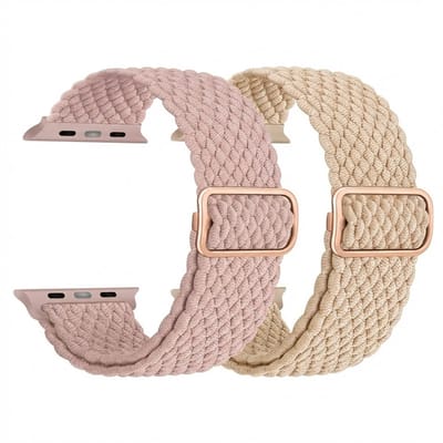 Beige roze nylon horloge band 2 pack dames heren geschikt voor Apple Watch 38 mm / 40 mm / 41 mm / 42 mm (serie 10 / 11) – rekbare band – gevlochten verstelbare stijl