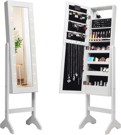 COSTWAY 18 LED's Sieradenkast, Vloerstaand Ontwerp, Verstelbare Hoek, Zachte Verlichting, Helder Glas Spiegel over de volle lengte, Stevige Bouw, Krachtige Opslag organisator voor de Verzameling van Alle Soorten Sieraden