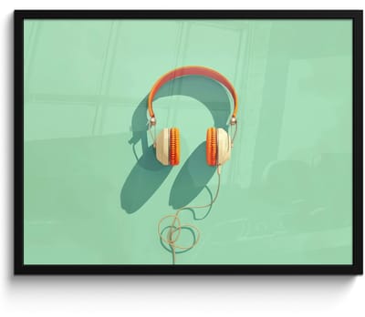 Poster in lijst - Fotolijst 80x60 cm - Posters - Koptelefoon - Oranje - Snoer - Minimalistisch - Posterlijst zwart - Decoratie - Wanddecoratie woonkamer - Muurdecoratie slaapkamer - Kerstversiering - Kerstdecoratie voor binnen - Kerstmis