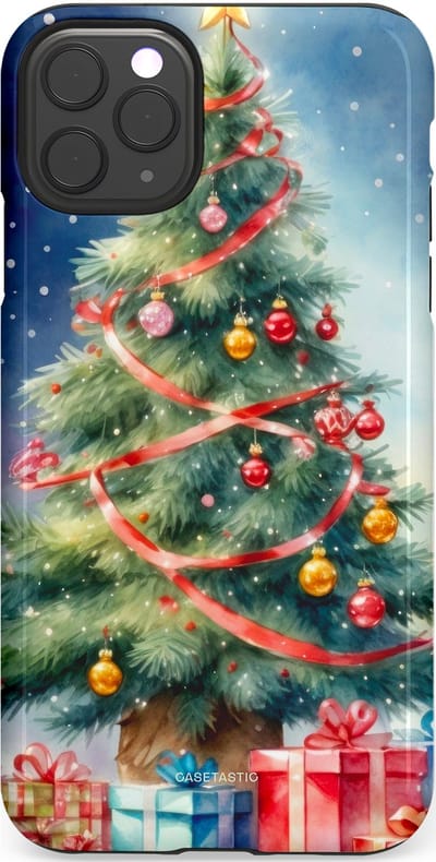 Casetastic hoesje geschikt voor Apple iPhone 11 Pro Max - Dubbellaagse bescherming - Aquarel Kerstboom Cadeau - Fashion Case - Grijs Donkerblauw Saliegroen Beige