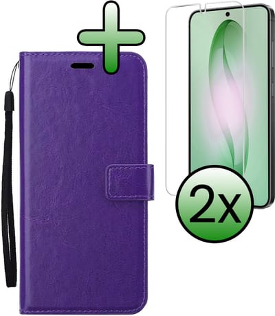 Hoesje Met 2x Screenprotector - Geschikt voor Samsung Galaxy S26 - Luxe Pasjeshouder - Bookcase Portemonee - Flip Case - Kunstleer Book Case - Flipcase Hoes - Book Cover - Walletcase - Portemonneehoes - Paars