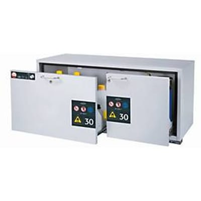 Type 30 asecos UB-S-30 veiligheidsopbergkast, 2 laden, voorkant lichtgrijs, B 1402 x D 574 x H 600 mm