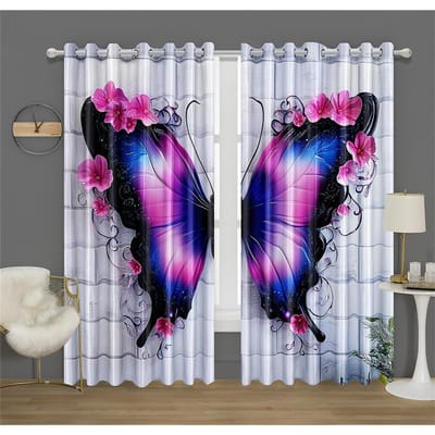 Blauwe Regen Bloem Vlinder Keukendecor Gordijn Muurstijl Achtergrond Groen Blad Geschikt Woonkamer Slaapkamer Decor 2 Panelen 50W130H(CM)X2PCS&Rod Pocket black