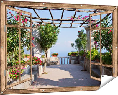 Gards Tuinposter Doorkijk Terras - 150x100 cm - Tuindoek - Tuindecoratie - Wanddecoratie buiten - Tuinschilderij
