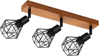 Glitzerlife - Plafondspot Plafondlamp - 3xE14 fitting - Draaibare Opbouwspot 350° verstelbaar - Vintage industriële metalen spot met houten basis - Opbouwspots voor woonkamer hal keuken - Ø36cm - Zwart