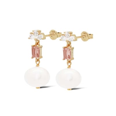 Karma - oorbellen - Oorstekers - Symbols XL Bowie Zirconia Pearl Salmon - 925 zilver - 14k gouden plating - 22 MM