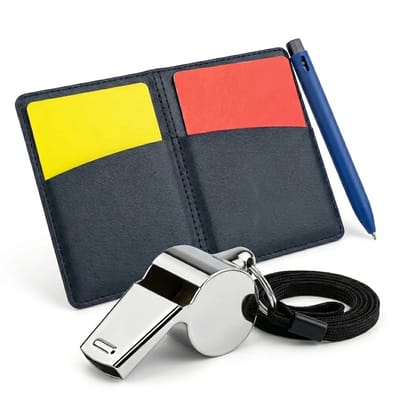 Zwart voetbalscheidsrechter kit scheidsrechterset unisex rode en gele kaarten met scheidsrechtersfluit fluitje schrijfpen en opbergmap sport trainingshulpmiddel voor voetbal coaches en scheidsrechters